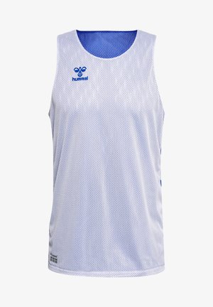 Hvid atletisk tanktop lavet af netstof, med blå detaljer og logo. Ærmeløs design med rund halsudskæring og åndbart materiale.