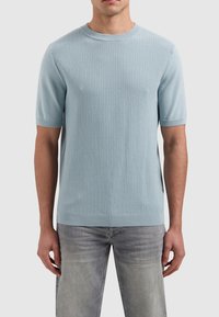 Lichtblauwe gebreide trui met korte mouwen, voorzien van een textuurpatroon, geribbelde kraag en zoom, en een rechte snit. G gedragen met lichtgrijze jeans.