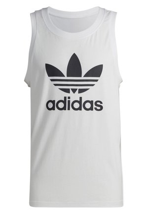 Canottiera bianca in cotone con logo Adidas nero e tre strisce orizzontali sopra. Collo rotondo, design senza maniche.