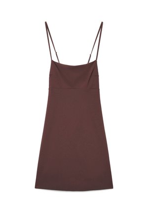 Vestito corto marrone senza maniche con sottili spalline regolabili a spaghetti e scollo diritto, mostrato disteso su uno sfondo bianco.