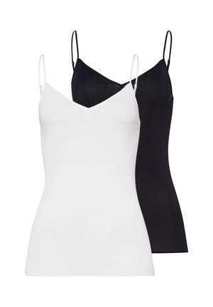 Twee mouwloze camisoles met dunne bandjes, één wit aan de voorkant en één zwart aan de achterkant, weergegeven op een effen witte achtergrond.