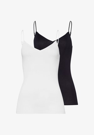 Deux camisoles sans manches avec fines bretelles, l'une blanche à l'avant et l'autre noire à l'arrière, présentées sur un fond blanc uni.