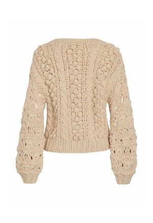 Knitted beige sweater with a cropped design, featuring textured patterns, raglan sleeves, and ribbed cuffs and hem.