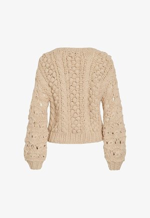 Knitted beige sweater with a cropped design, featuring textured patterns, raglan sleeves, and ribbed cuffs and hem.