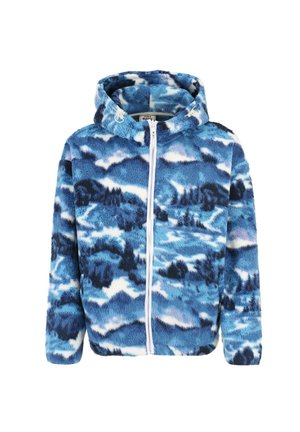 Fleece zip-up hettegenser med et blått og hvitt fjellandskapmønster, med justerbar hette og myk tekstur.