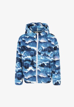 Bélelt, cipzáras kapucnis felső, kék és fehér hegyvidéki táj mintával, húzózsinórral ellátott kapucnival és puha tapintással.