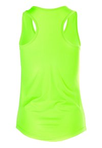 Neon zelena, bez rukava, majica s okruglim izrezom. Napravljena od glatkog, laganog materijala s lagano zaobljenim rubom.