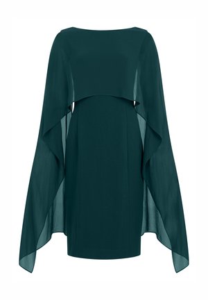 Vestido verde oscuro hasta la rodilla con un corsé entallado y mangas capa anchas y fluidas de tela transparente que se extienden desde los hombros.