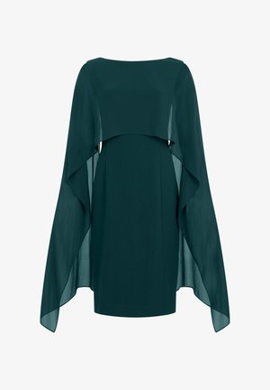 Vestido verde oscuro hasta la rodilla con un corsé entallado y mangas capa anchas y fluidas de tela transparente que se extienden desde los hombros.