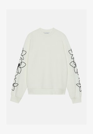 Crewneck-Sweatshirt aus Creme-Stoff, mit schwarzer floralem Stickerei entlang der Ärmel. Gerippte Bündchen und Saum mit lockerer Passform.