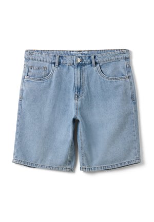 Light blue denim shorts with front button closure, belt loops, and five-pocket design, laid flat on a white background.