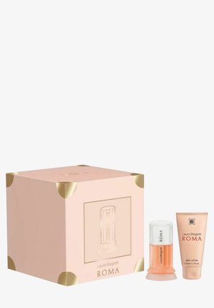 Laura Biagiotti Roma fragrance gift set with a peach box, small perfume bottle, and matching body lotion tube.
