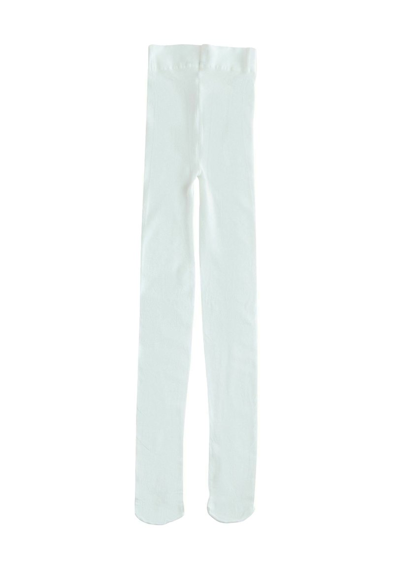 Witte, ondoorzichtige leggings met een zachte textuur en een elastische tailleband, met een rechte snit en zonder extra patronen of ontwerpen.