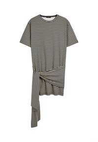Pasiasty t-shirt z krótkim rękawem w kolorze granatowym i beżowym, z bocznym węzłem i przedłużonym materiałem. Wykonany z miękkiej mieszanki bawełny.