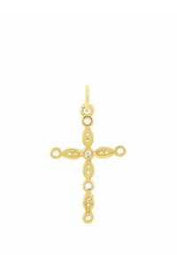 Guld korshänge med rundade kanter, en öppen design och små cirkulära accenter längs armarna. Lätt och med en delikat utseende.