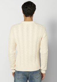 Suéter de punto trenzado color crema con cuello redondo y puños acanalados. Presenta patrones texturizados y un ajuste ceñido, combinado con jeans de mezclilla.