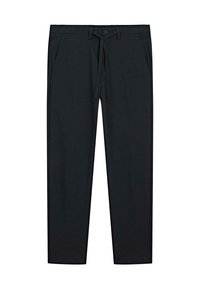 Pantalons noirs effilés avec poches avant, fermeture à bouton, passants de ceinture et cordon de serrage réglable à la taille.