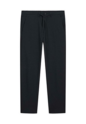 Pantalons noirs effilés avec poches avant, fermeture à bouton, passants de ceinture et cordon de serrage réglable à la taille.