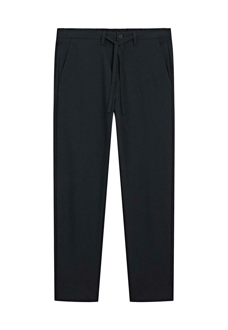 Pantalons noirs effilés avec poches avant, fermeture à bouton, passants de ceinture et cordon de serrage réglable à la taille.