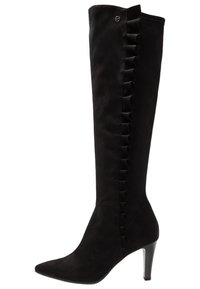 Schwarze kniehohe Stiefel aus Wildleder mit spitzem Zeh, seitlichem Rüschendetail und schlankem Stiletto-Absatz.