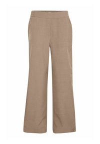 Pantaloni larghi beige con una texture liscia, vita elastica e tasche laterali. Design semplice senza motivi visibili o elementi metallici.