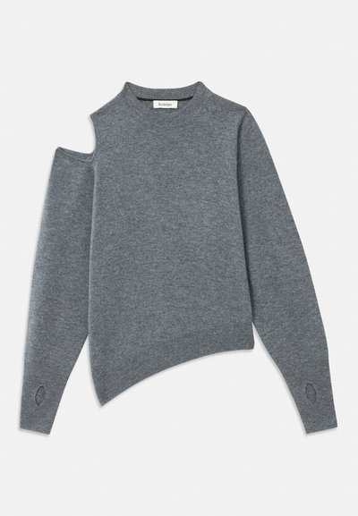 Maglione grigio con design asimmetrico, spalla scoperta, maniche lunghe e dettagli a coste sui polsini e sull'orlo.