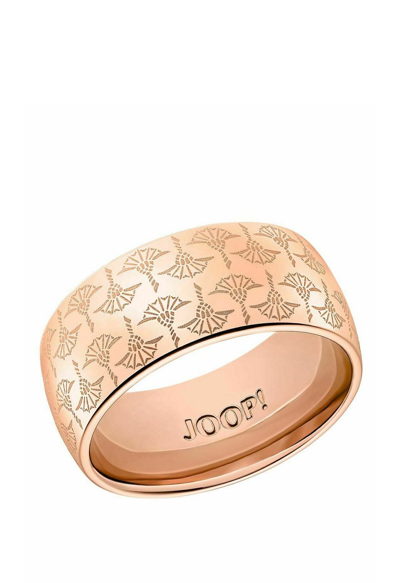 Ring aus Roségold mit gravierten Blumenmustern und einer glatten, polierten Oberfläche. Innenseite mit "JOOP!" graviert zur Markenkennzeichnung.