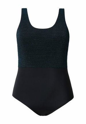 Schwarzer Einteiler mit strukturierter oberer Partie und glatter unterer Hälfte, mit breiten Schulterträgern und Rundhalsausschnitt.