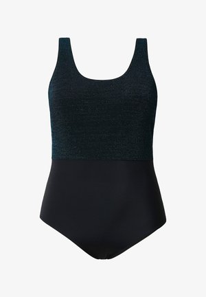 Sort badedragt med tekstureret øverste del og glat nederste halvdel, med brede skulderstropper og scoop-halsudskæring.