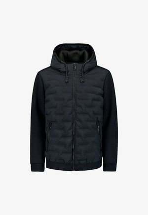 Black padded jacket with a zippered front and hood. Knitted sleeves and lower hem, featuring adjustable drawstrings and side pockets.