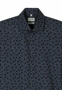 Dark blue button-up shirt with a floral pattern in shades of light blue and dark blue. Features a collar and five buttons down the front.
