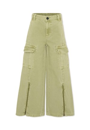 Pantalon cargo kaki à jambes larges avec poches à rabat sur les cuisses, bouton à l'avant, passants pour ceinture et fermetures éclair près de l'ourlet.