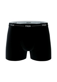 Boxer shorts noirs avec un design sans coutures, fabriqués en tissu lisse, dotés d'une ceinture de marque contrastante blanche avec "FRGN" répété.