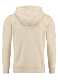 Crèmekleurige hoodie met een gladde textuur, lange mouwen en een capuchon met trekkoord. Geribde cuffs en zoom. Achteraanzicht toont een eenvoudig ontwerp.