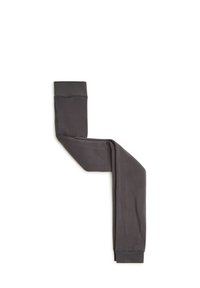 Ciemnoszare legginsy z gładkiego, elastycznego materiału. Posiadają prążkowany, elastyczny pas w górnej części. Tkanina wykazuje delikatny połysk.