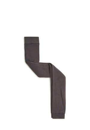 Leggings grigio scuro in tessuto morbido e flessibile. Presentano una fascia elastica a coste in vita. Il tessuto ha una leggera lucentezza.