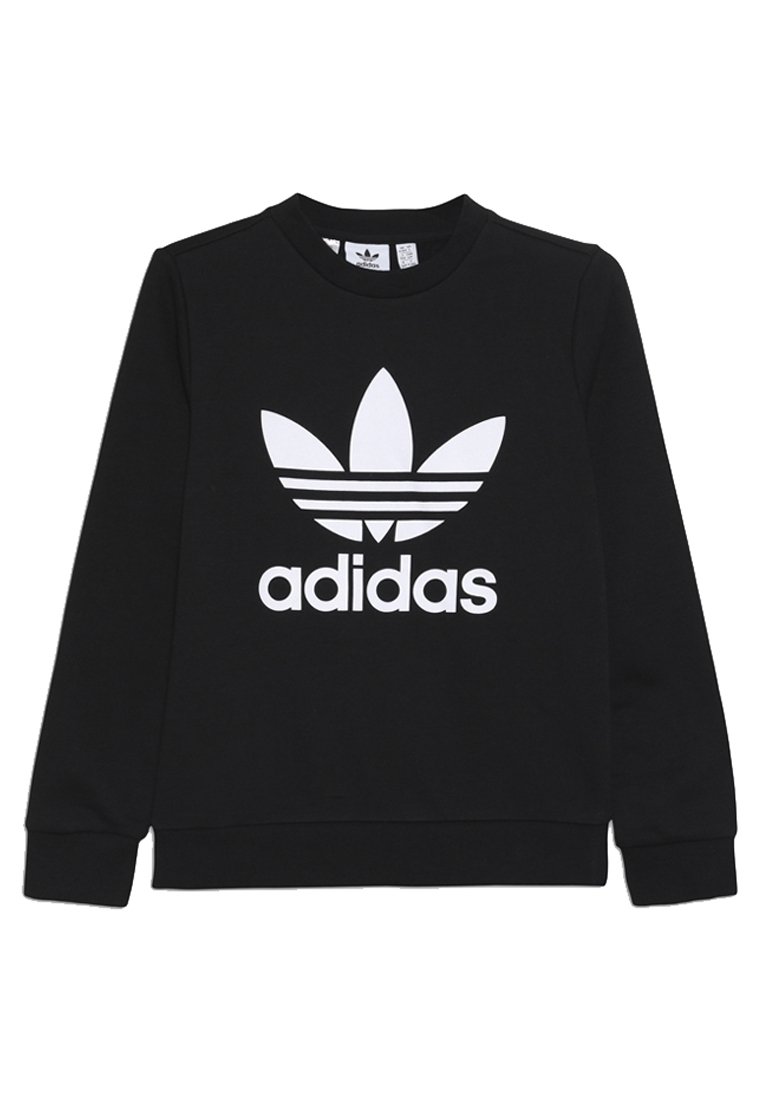 Svart sweatshirt med långa ärmar och rund halsringning, med en stor vit adidas-logotyp och tre horisontella ränder på logotypen. Mjuk tygstruktur.