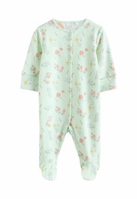 Grenouillère pour bébé à motifs floraux verts, fabriquée en tissu doux, avec des motifs de fleurs roses, jaunes et bleues, à manches longues et design pieds avec boutons-pression.