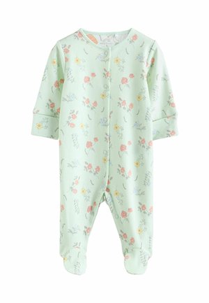 Body neonato floreale verde realizzato in morbido tessuto, con motivi di fiori rosa, gialli e blu, maniche lunghe e design con piedini e bottoni a pressione.