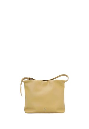 Beżowa prostokątna torba na ramię z regulowanym paskiem i małym metalicznym logo na środku z przodu.