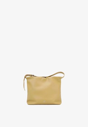 Beige rechthoekige lederen schoudertas met verstelbare band en klein metalen logo in het midden van de voorkant.