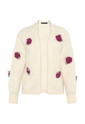 Cardigan en maille crème avec manches longues, décoré d'appliques florales texturées roses et grises sur le devant et les manches.