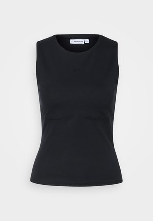 Mustast venivast kangast, ilma varrukateta, ümara kaelusega ja peene soonilise tekstuuriga vormitud top, sildiga J.LINDEBERG kaeluse sees.