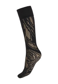 Calze nere in pizzo con un design texture a rete aperta che presenta motivi floreali. Cuffia nera solida nella parte superiore.