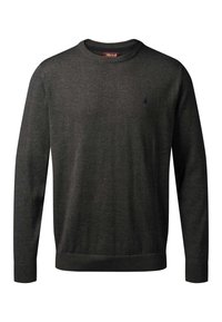 Tummanharmaa pitkähihainen neulepaita pyöreällä pääntiellä, resorikäänteillä hihoissa ja pienellä rintapieleen ommellulla logolla. Sileä pintakuvio.