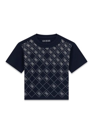 Marineblaues kurzärmeliges Crop-Top mit weißem Rautenmuster und wiederholtem GUESS-Logo-Design auf der Vorderseite.