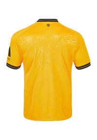 Geel shirt met bloemmotief, korte mouwen, zwarte accenten op de kraag en mouwen, gestructureerde stof, relaxed fit.