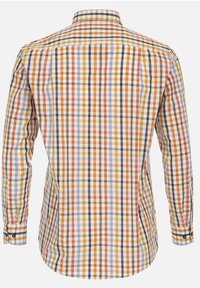 Langarmhemd aus Baumwolle mit kariertem Muster in mehreren Farben: Orange, Blau, Gelb und Weiß. Mit Knopfmanschetten und Kragen.