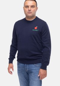 Maglione blu navy con collo rotondo e maniche lunghe. Presenta un ricamo a forma di mela rossa e il testo verde che recita "da'resti?" sul petto.