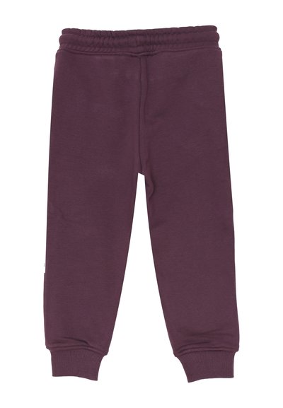 Pantaloni della tuta viola scuro con vita elastica e polsini a costine, stesi su uno sfondo bianco.